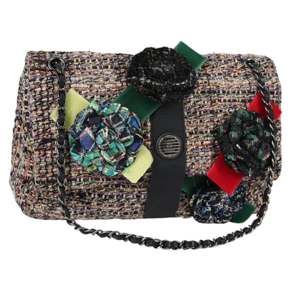 CHANEL Matelasse Camellia Chain Bag Tweed Multicolor Silver CC Auth 138988SM