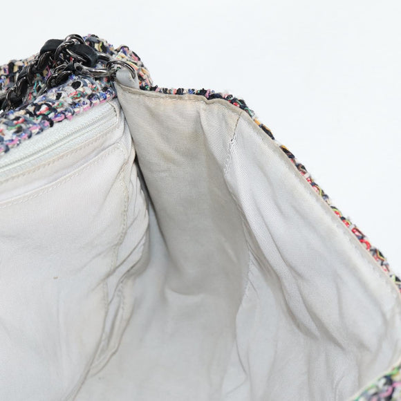 CHANEL Matelasse Camellia Chain Bag Tweed Multicolor Silver CC Auth 138988SM