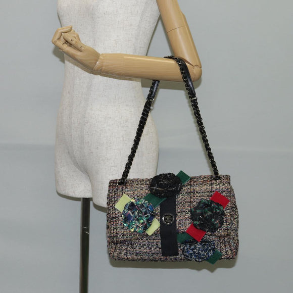 CHANEL Matelasse Camellia Chain Bag Tweed Multicolor Silver CC Auth 138988A
