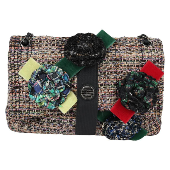 CHANEL Matelasse Camellia Chain Bag Tweed Multicolor Silver CC Auth 138988SM