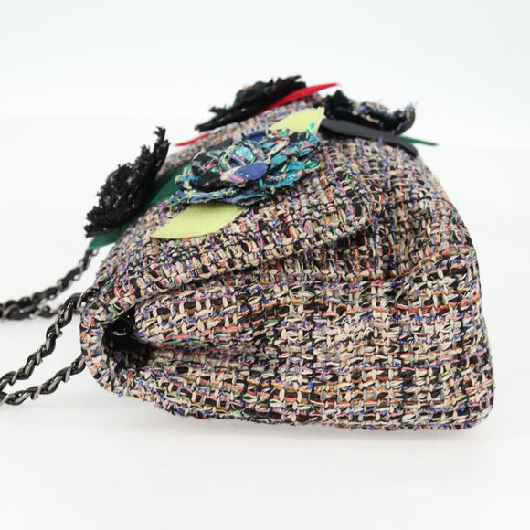 CHANEL Matelasse Camellia Chain Bag Tweed Multicolor Silver CC Auth 138988A