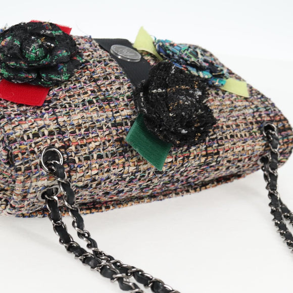 CHANEL Matelasse Camellia Chain Bag Tweed Multicolor Silver CC Auth 138988SM