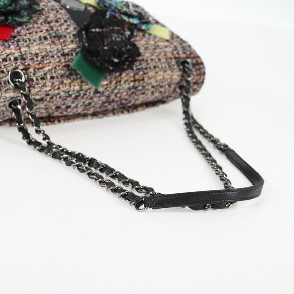 CHANEL Matelasse Camellia Chain Bag Tweed Multicolor Silver CC Auth 138988A