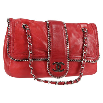 CHANEL Chain Shoulder Bag Lamb Skin Red Silver CC Auth 138990A