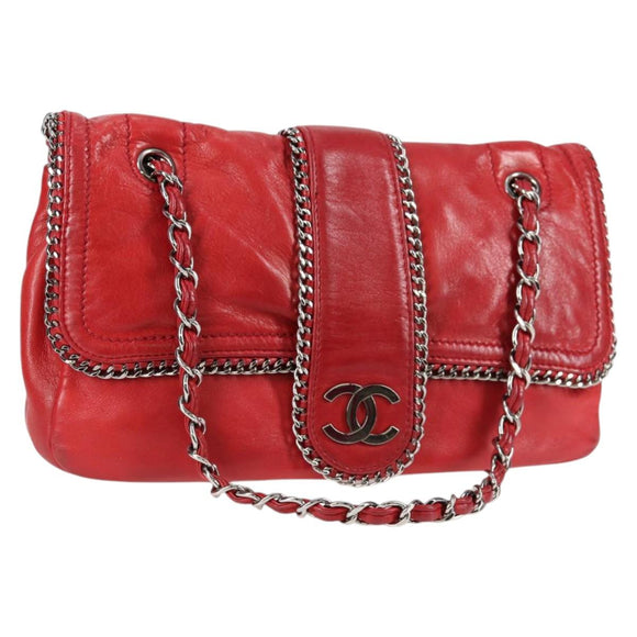 CHANEL Chain Shoulder Bag Lamb Skin Red Silver CC Auth 138990A