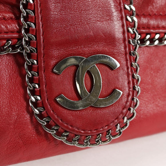 CHANEL Chain Shoulder Bag Lamb Skin Red Silver CC Auth 138990A