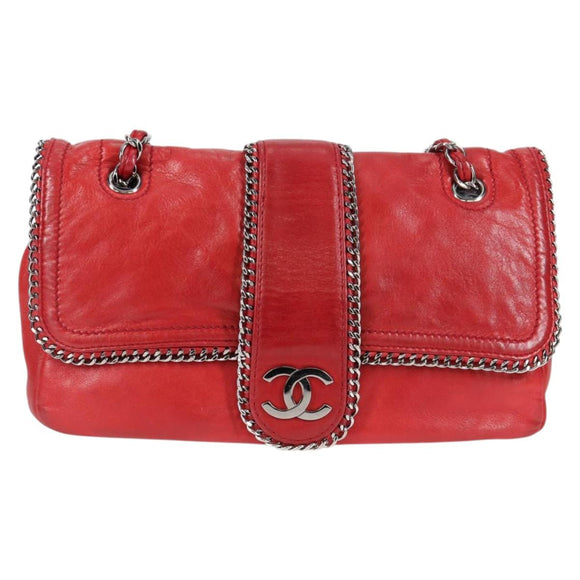 CHANEL Chain Shoulder Bag Lamb Skin Red Silver CC Auth 138990A