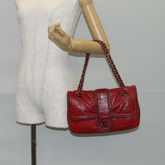 CHANEL Chain Shoulder Bag Lamb Skin Red Silver CC Auth 138990A