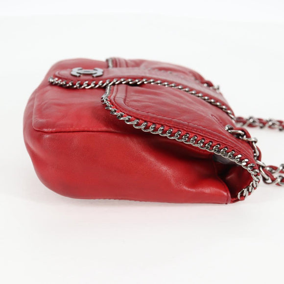CHANEL Chain Shoulder Bag Lamb Skin Red Silver CC Auth 138990A