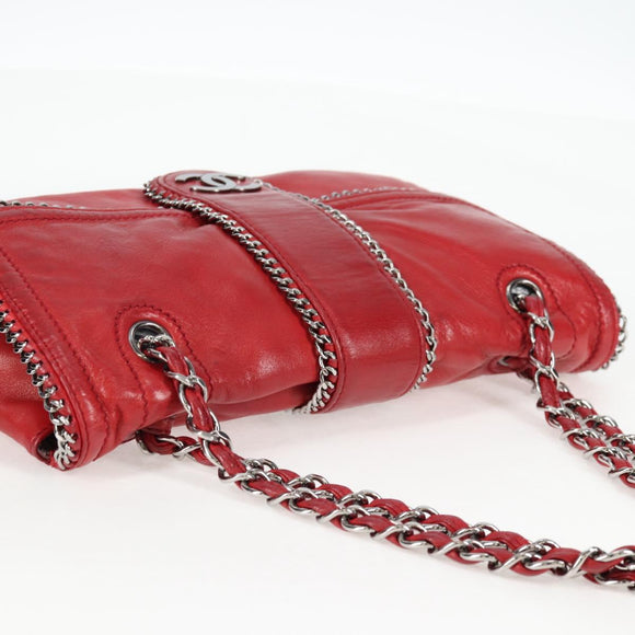CHANEL Chain Shoulder Bag Lamb Skin Red Silver CC Auth 138990A