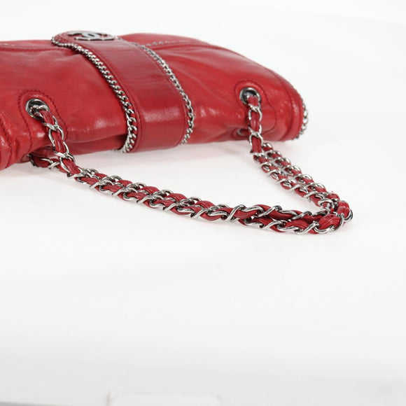 CHANEL Chain Shoulder Bag Lamb Skin Red Silver CC Auth 138990A