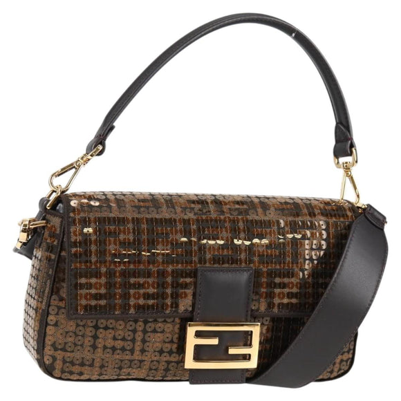 FENDI Zucca Canvas Mamma bucket Shoulder Bag Sequin 2way Brown Gold Auth 138993A