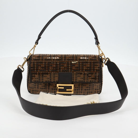 FENDI Zucca Canvas Mamma bucket Shoulder Bag Sequin 2way Brown Gold Auth 138993A