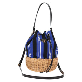 PRADA Rattan Hand Bag Canvas 2way Blue Gold 1BH115 Auth 138994SM