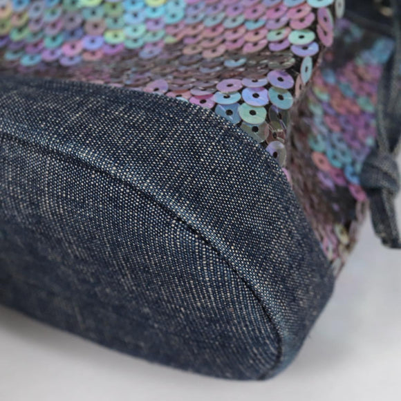 CHANEL Sequin Hand Bag Denim Blue CC Auth 139014SAV