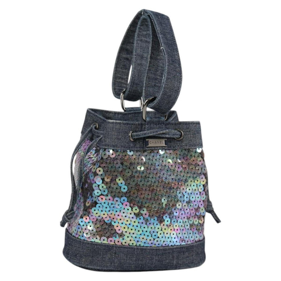 CHANEL Sequin Hand Bag Denim Blue CC Auth 139014SAV