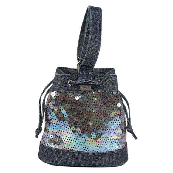 CHANEL Sequin Hand Bag Denim Blue CC Auth 139014SAV