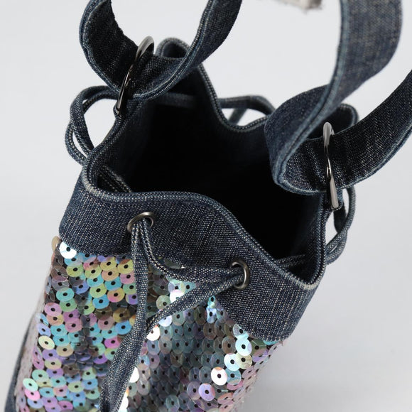 CHANEL Sequin Hand Bag Denim Blue CC Auth 139014V