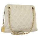 CHANEL Matelasse Chain Shoulder Bag Lamb Skin White Gold CC Auth 139015-1