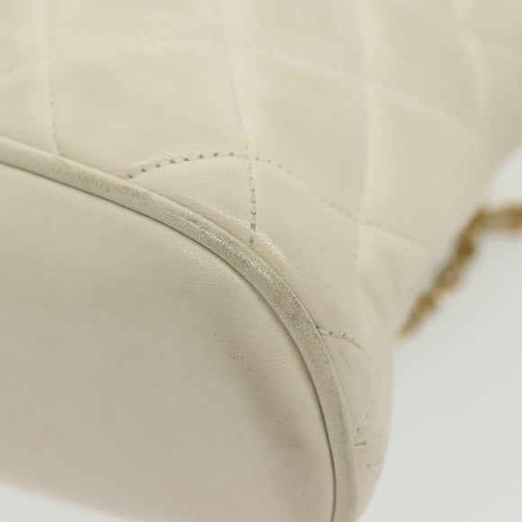 CHANEL Matelasse Chain Shoulder Bag Lamb Skin White Gold CC Auth 139015