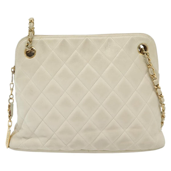 CHANEL Matelasse Chain Shoulder Bag Lamb Skin White Gold CC Auth 139015
