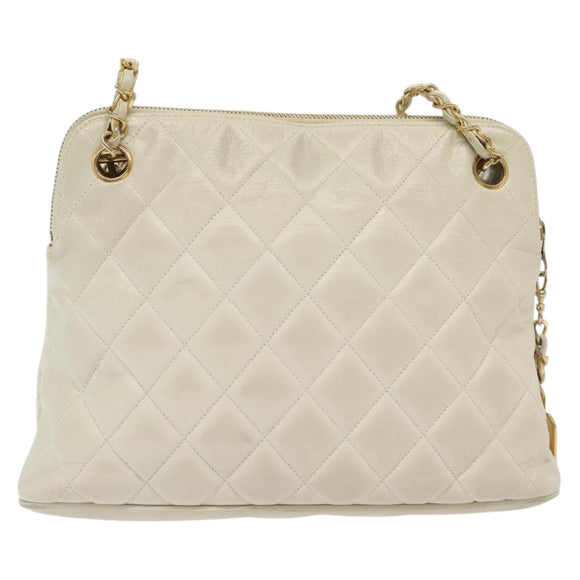 CHANEL Matelasse Chain Shoulder Bag Lamb Skin White Gold CC Auth 139015