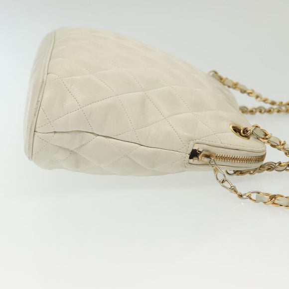 CHANEL Matelasse Chain Shoulder Bag Lamb Skin White Gold CC Auth 139015