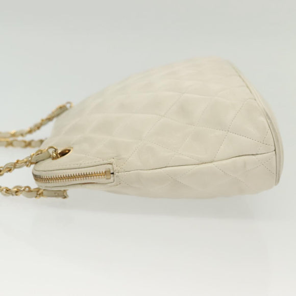 CHANEL Matelasse Chain Shoulder Bag Lamb Skin White Gold CC Auth 139015