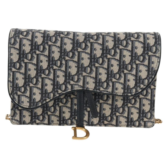 Christian Dior Oblique Trotter Canvas Chain Shoulder Bag Navy Gold Auth 139042M