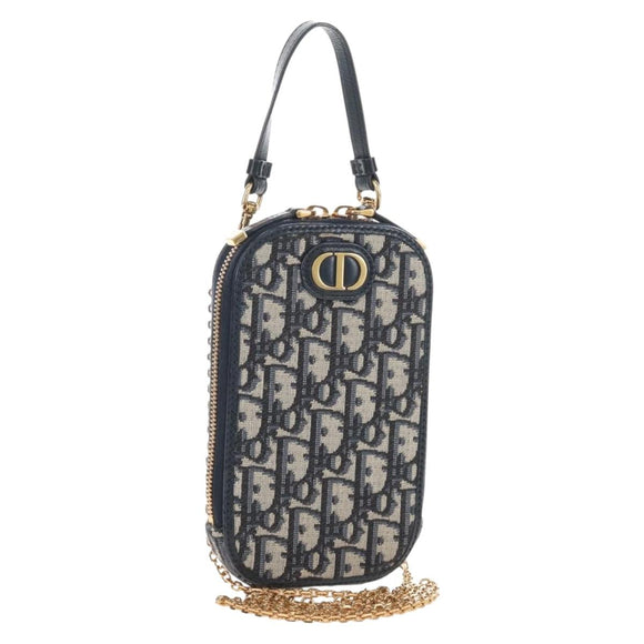 Christian Dior Trotter Canvas Phone Holder Chain Mini Navy Gold Auth 139045M