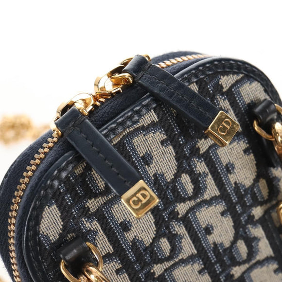 Christian Dior Trotter Canvas Phone Holder Chain Mini Navy Gold Auth 139045M