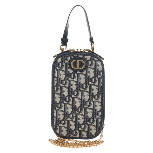 Christian Dior Trotter Canvas Phone Holder Chain Mini Navy Gold Auth 139045M