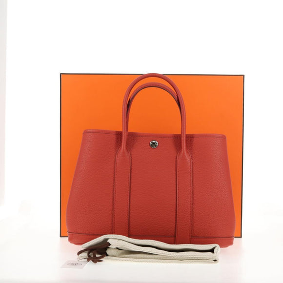HERMES Garden Party TPM Hand Bag Leather Orange Silver Auth 139049M