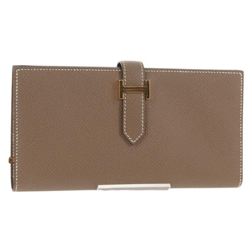 HERMES Beansufla Wallet Leather Beige Gold Auth 139050M