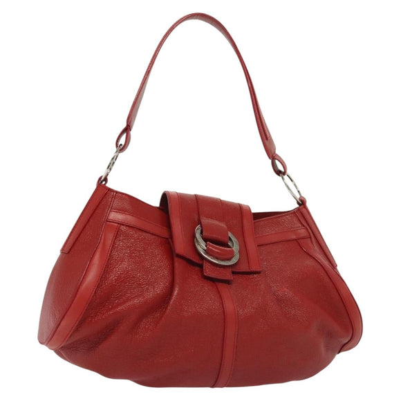 BVLGARI Shoulder Bag Leather Red Silver Auth 139061