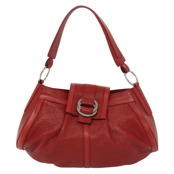 BVLGARI Shoulder Bag Leather Red Silver Auth 139061