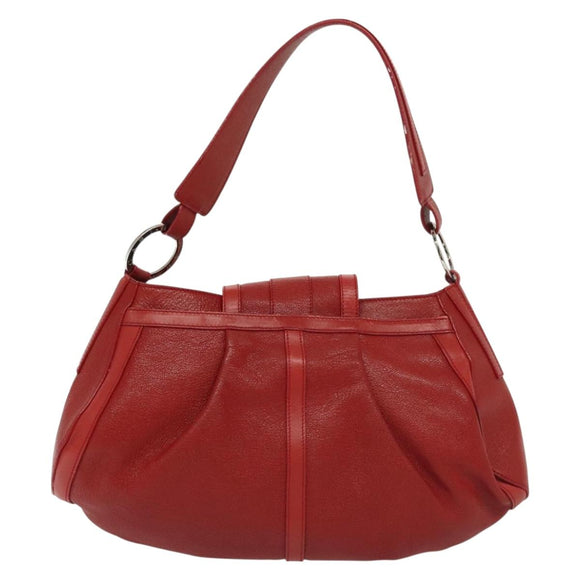 BVLGARI Shoulder Bag Leather Red Silver Auth 139061