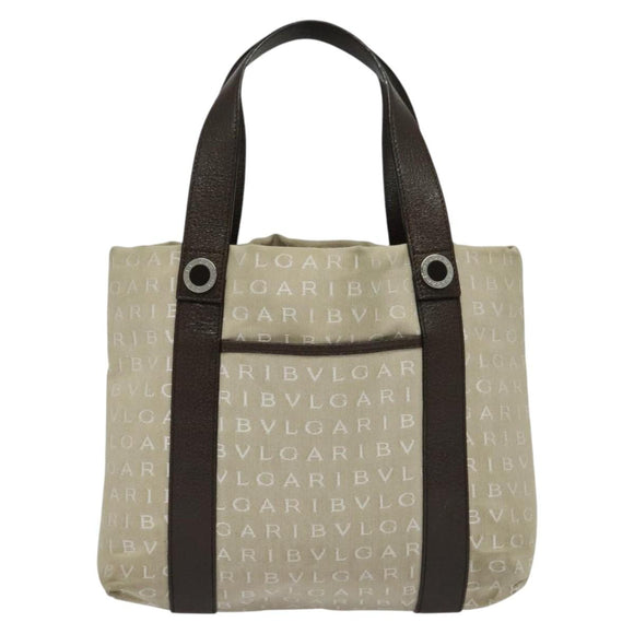 BVLGARI Logo Mania Tote Bag Canvas Beige Silver Auth 139062