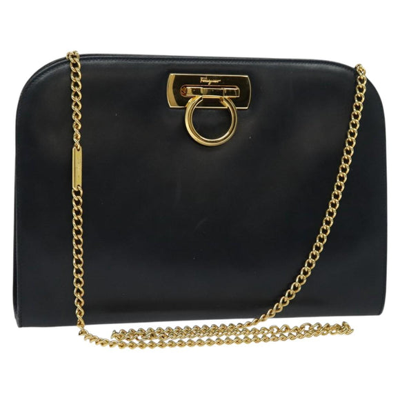 Salvatore Ferragamo Chain Shoulder Bag Leather Black Gold Auth 139064