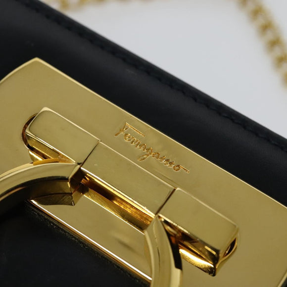 Salvatore Ferragamo Chain Shoulder Bag Leather Black Gold Auth 139064