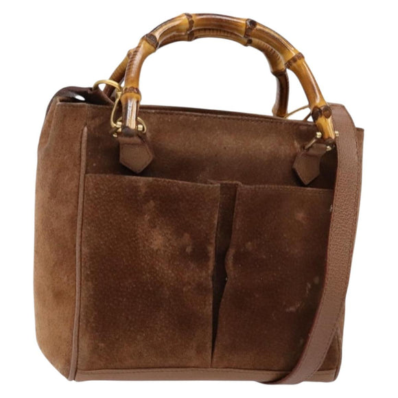 GUCCI Bamboo Hand Bag Suede 2way Brown Gold 000 123 0316 Auth 139104
