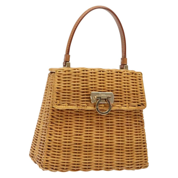 Salvatore Ferragamo Gancini Hand Bag Wicker Beige Gold Auth 139130V