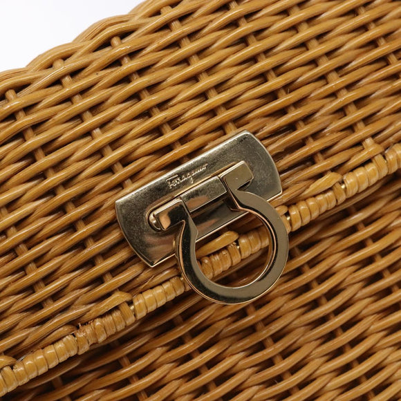 Salvatore Ferragamo Gancini Hand Bag Wicker Beige Gold Auth 139130V