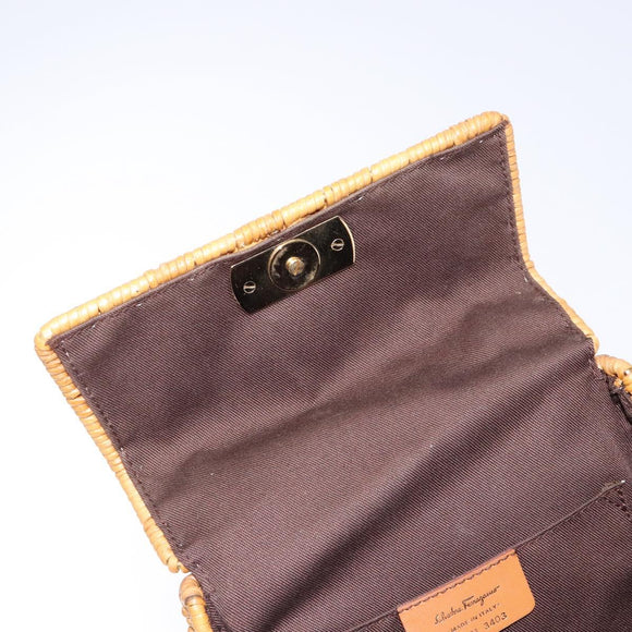 Salvatore Ferragamo Gancini Hand Bag Wicker Beige Gold Auth 139130V