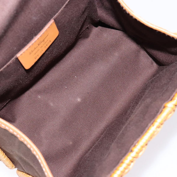 Salvatore Ferragamo Gancini Hand Bag Wicker Beige Gold Auth 139130V