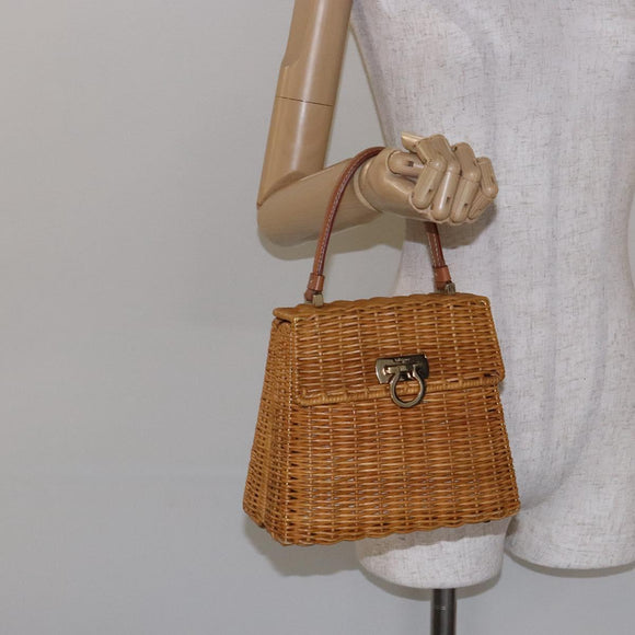 Salvatore Ferragamo Gancini Hand Bag Wicker Beige Gold Auth 139130V