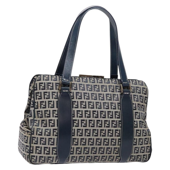 FENDI Zucchino Canvas Tote Bag Navy Silver Auth 139133
