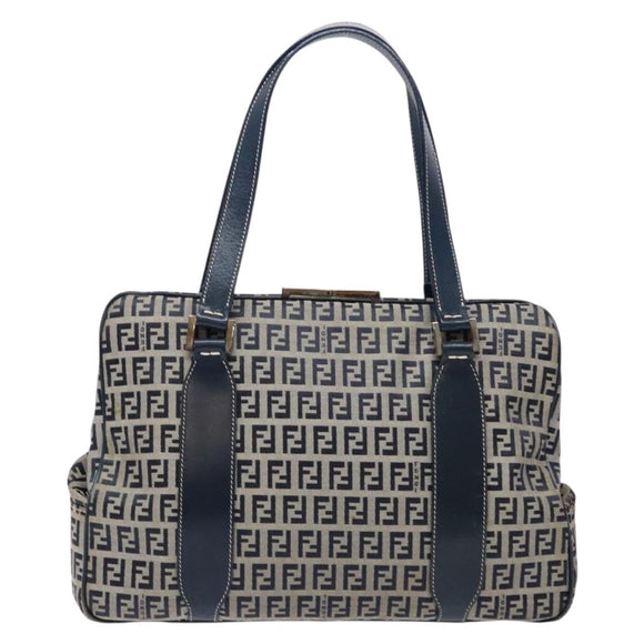 FENDI Zucchino Canvas Tote Bag Navy Silver Auth 139133