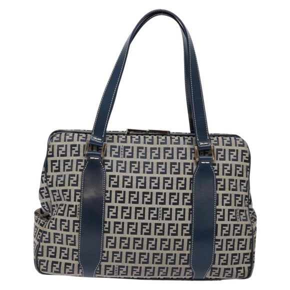 FENDI Zucchino Canvas Tote Bag Navy Silver Auth 139133