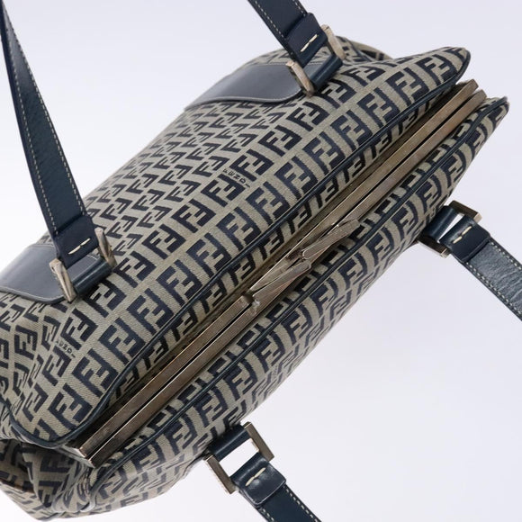 FENDI Zucchino Canvas Tote Bag Navy Silver Auth 139133